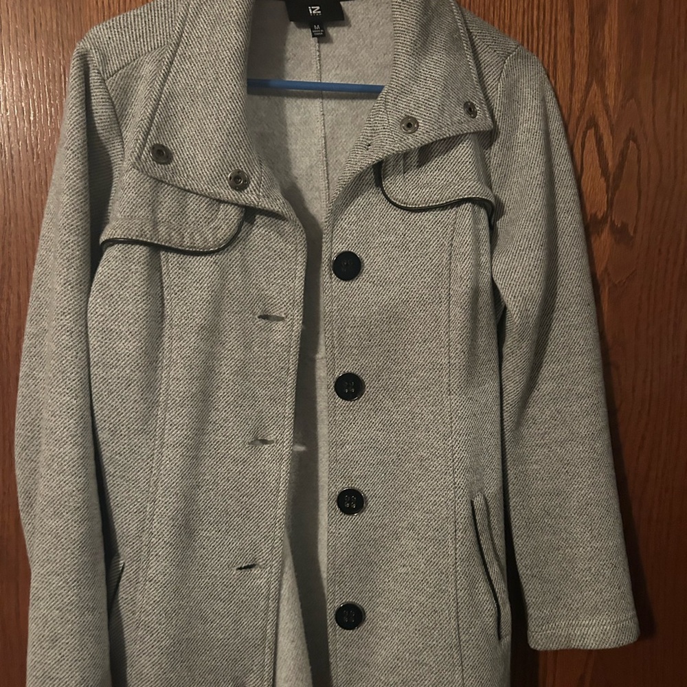 Iz Byer Gray Trench Coat with Classic Collar and Heathered Texture